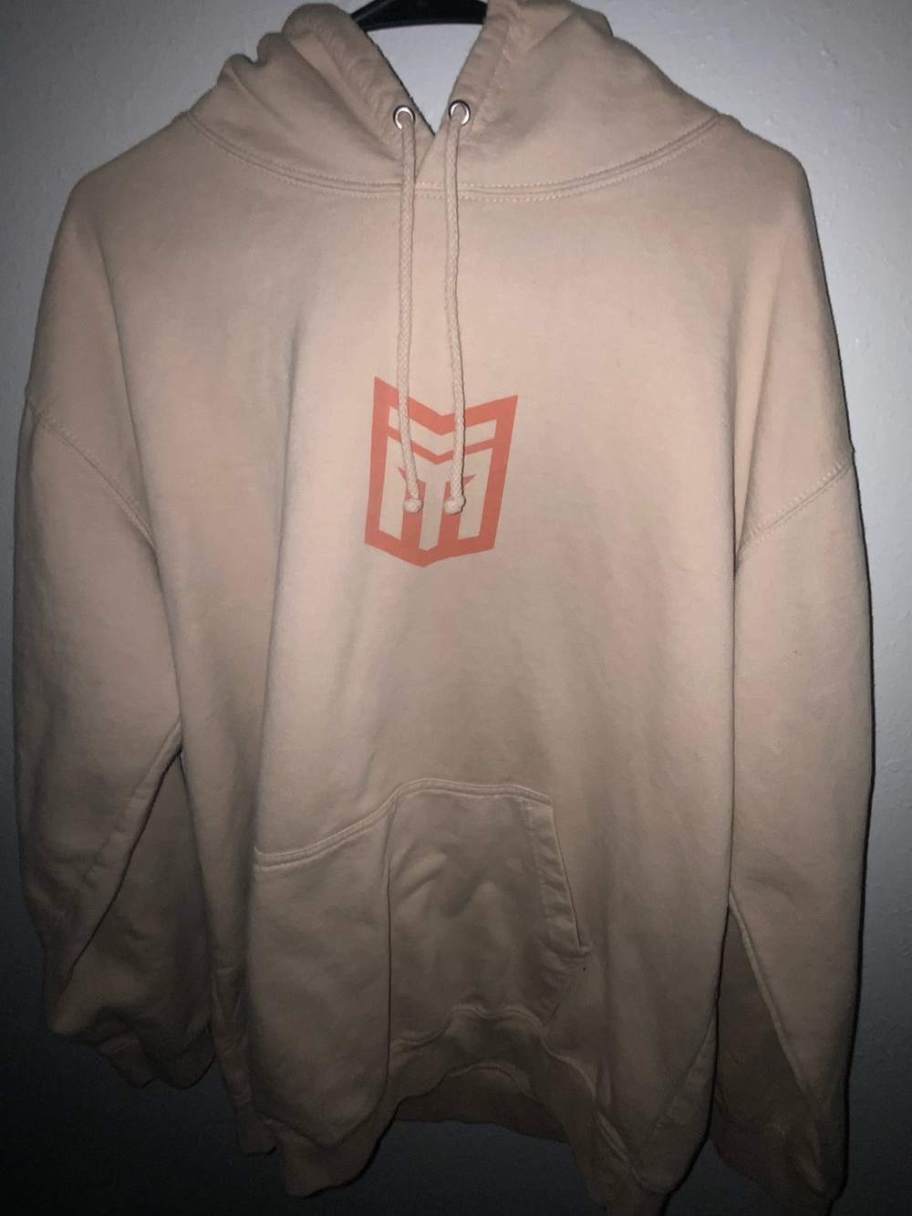 Men's Beige Pullover Hoodie with Coral Chest Logo
